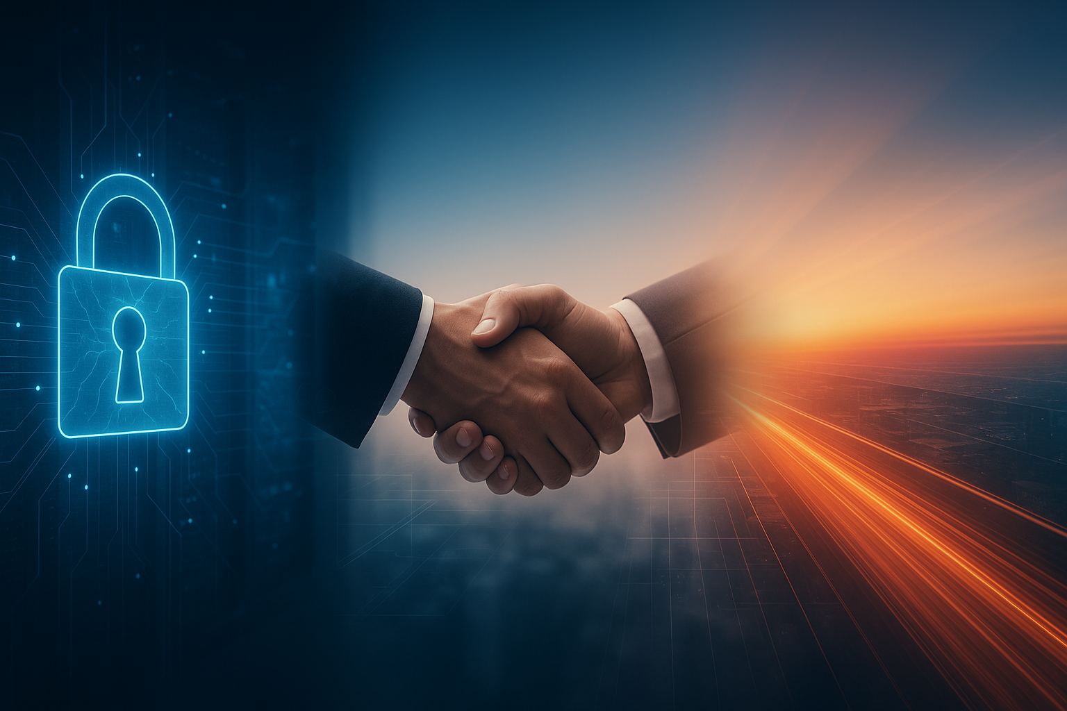 cyber lights and padlock as well as a handshake of trust