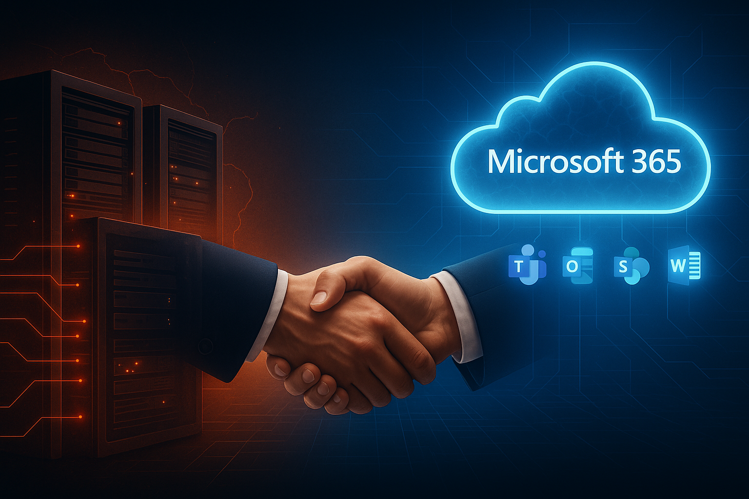 Digital illustration showing a business handshake symbolizing a seamless Microsoft 365 migration. On the left, dark legacy servers with red warning lights represent outdated, unreliable systems. On the right, a glowing blue cloud with Microsoft 365 app icons (Word, Outlook, Excel) represents the modern, resilient cloud environment. The handshake in the center conveys trust, collaboration, and smooth transition.