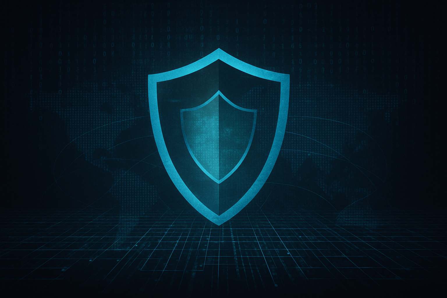 Abstract cyber security illustration with a glowing shield overlaying a digital network grid, symbolising Defence cyber resilience and secure network remediation.