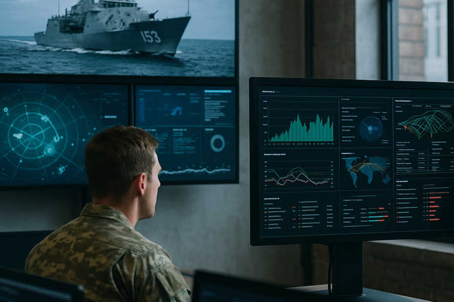 defence security analyst looking at cyber metrics on screens