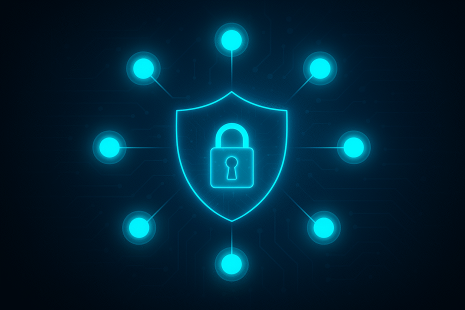 A glowing digital shield with a central padlock symbol, surrounded by eight evenly spaced turquoise-blue nodes connected in a circular pattern. The background features a dark blue gradient with subtle circuit lines, symbolizing cyber security, Essential Eight compliance, and Defence-level protection.