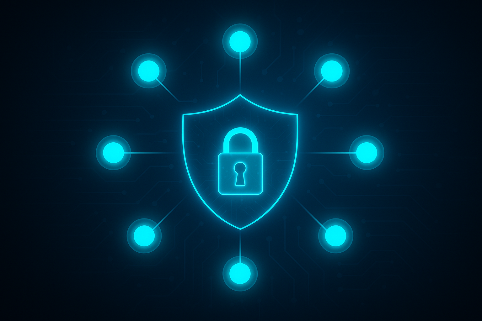 A glowing digital shield with a central padlock symbol, surrounded by eight evenly spaced turquoise-blue nodes connected in a circular pattern. The background features a dark blue gradient with subtle circuit lines, symbolizing cyber security, Essential Eight compliance, and Defence-level protection.