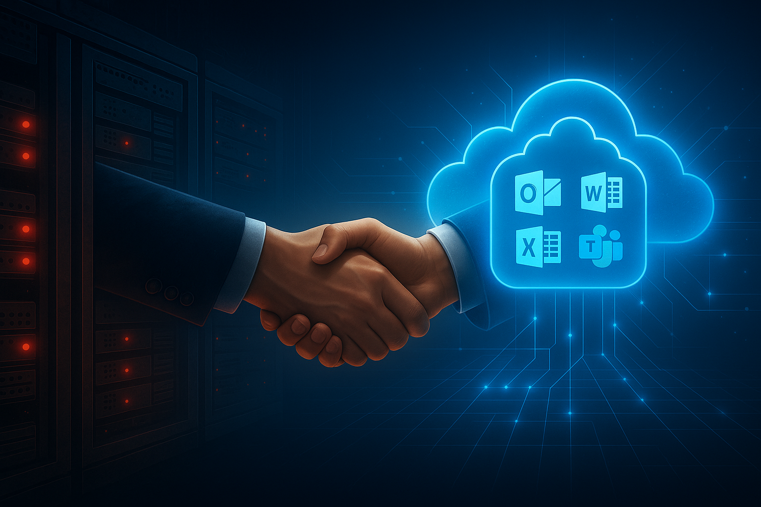 Digital illustration showing a business handshake symbolizing a seamless Microsoft 365 migration. On the left, dark legacy servers with red warning lights represent outdated, unreliable systems. On the right, a glowing blue cloud with Microsoft 365 app icons (Word, Outlook, Excel) represents the modern, resilient cloud environment. The handshake in the center conveys trust, collaboration, and smooth transition.