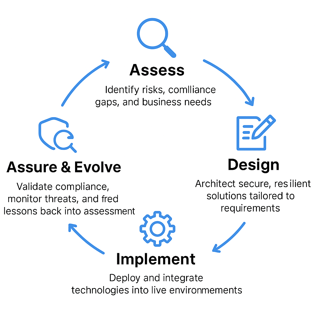 Circular process diagram showing Calexi’s continuous improvement method: Assess, identify risks, Design, architect secure systems, Implement, deploy solutions, Assure & Evolve, validate compliance and improve.
