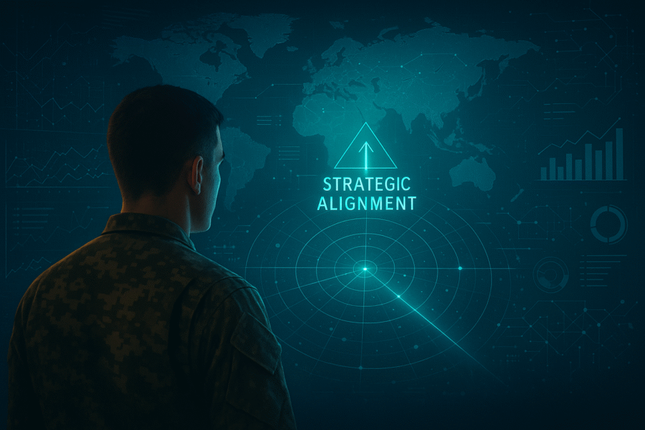 A military officer in camouflage uniform stands before a futuristic holographic interface. The display shows a glowing radar, world map, graphs, and charts, with a central glowing arrow pointing upward labeled “Strategic Alignment.” The scene symbolizes clarity, visibility, and aligning Defence cyber capabilities with strategic objectives.