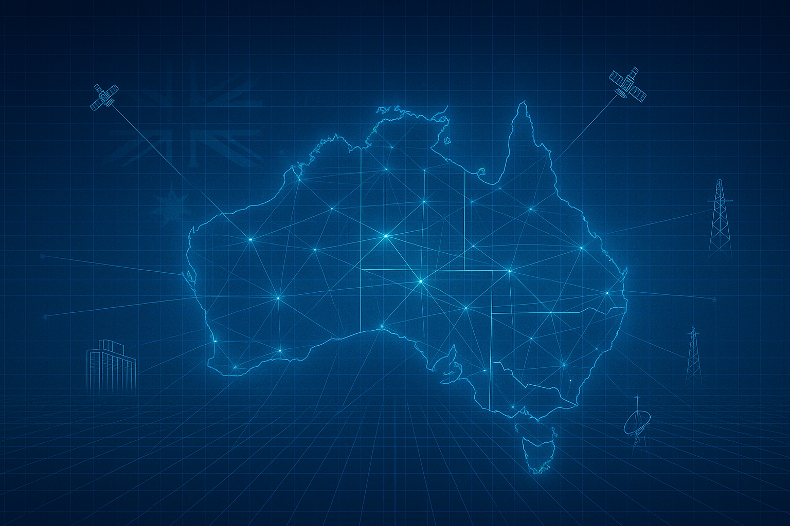 Digital illustration of Australia overlaid with a glowing blue cyber network grid, connecting major cities and critical infrastructure icons such as satellites, data centres, and communication towers, symbolising national cyber resilience and defence-grade security.