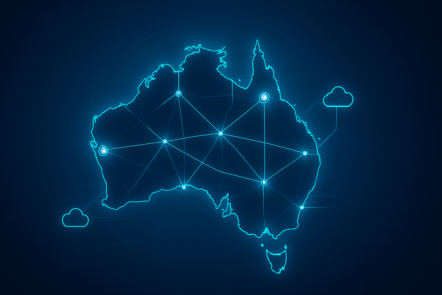A glowing digital map of Australia connected by bright blue network lines and cloud icons, representing Defence-grade, sovereign ICT networking and secure inter-site connectivity for government and industry.