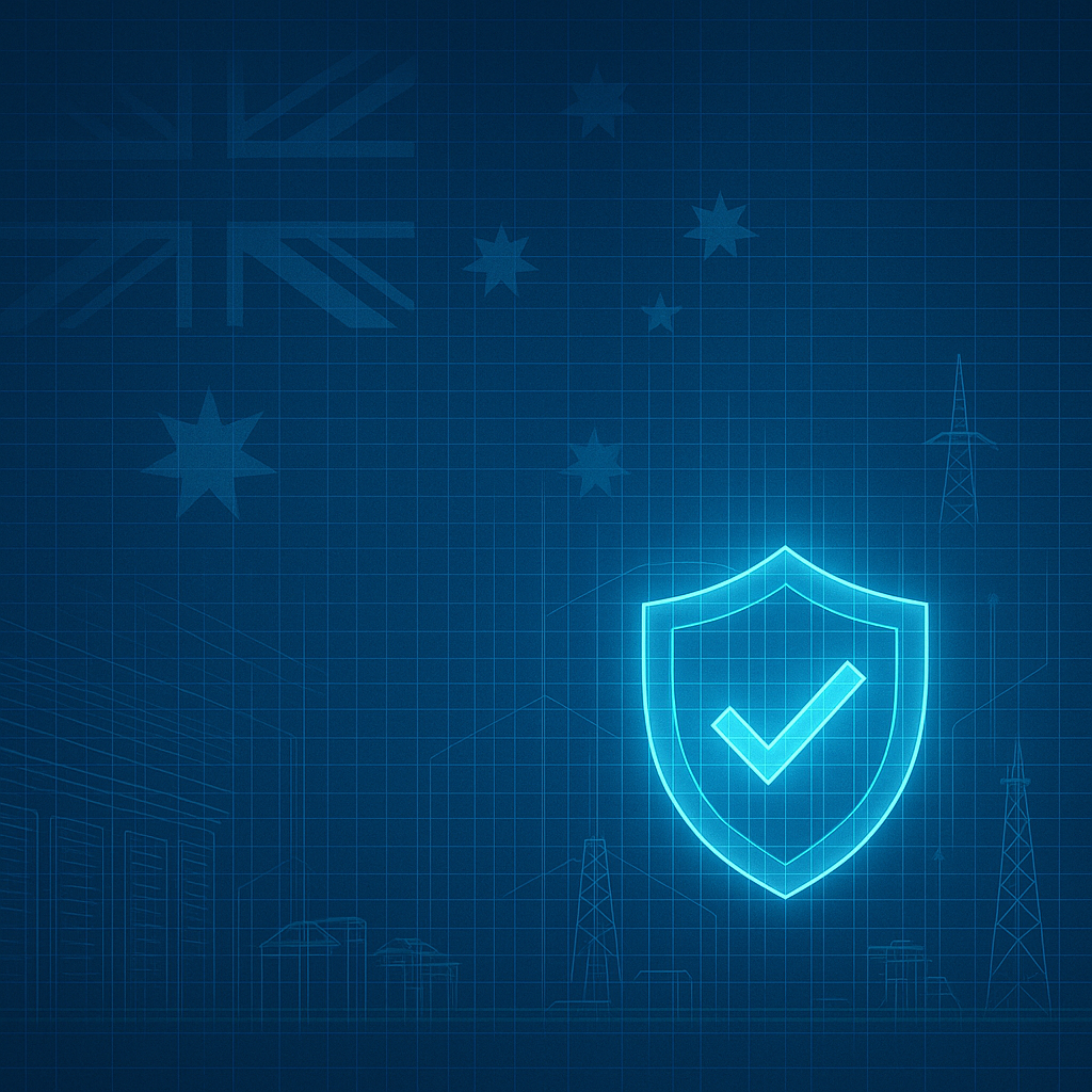 Digital illustration of a glowing blue shield with a checkmark overlaying a network grid and faint Australian flag, surrounded by outlines of data centres, satellites, and communication towers symbolising defence-grade cyber resilience and critical infrastructure protection.