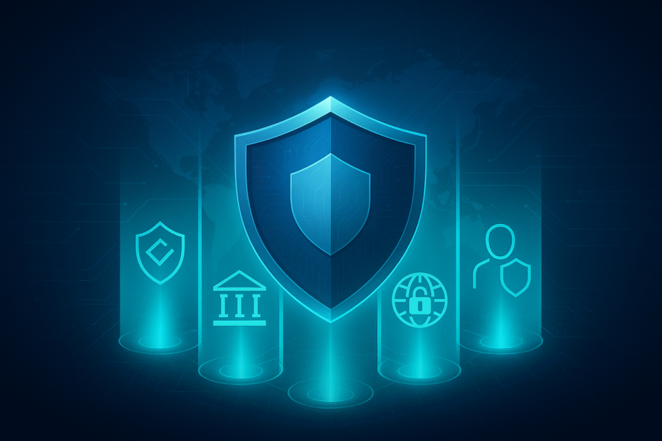 A glowing digital shield symbolising Defence assurance stands at the centre, surrounded by four illuminated pillars. Each pillar features an icon representing a DISP domain: governance, physical security, personnel security, and information & cyber security. The image uses blue and teal tones with subtle circuitry patterns to convey trust, structure, and compliance.