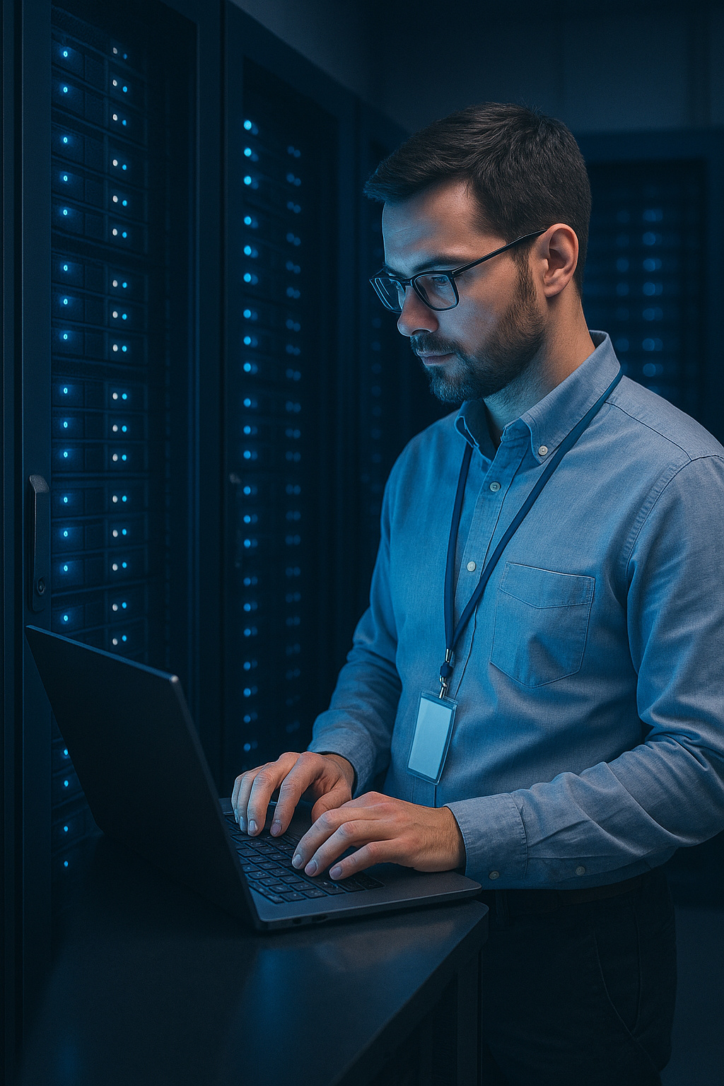 A focused systems administrator works on a laptop in a blue-lit server room, monitoring performance and conducting maintenance, representing reliable, Defence-grade ICT systems administration and operational assurance.