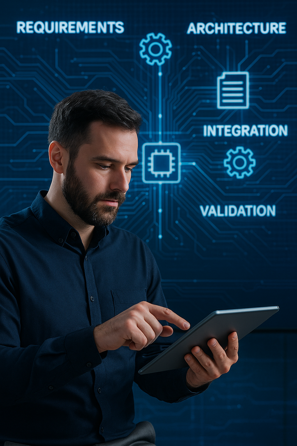 A focused systems engineer uses a digital tablet in a blue-lit control room, with holographic icons showing requirements, architecture, integration, and validation, representing Calexi’s model-based systems engineering and secure integration services for Defence and government.