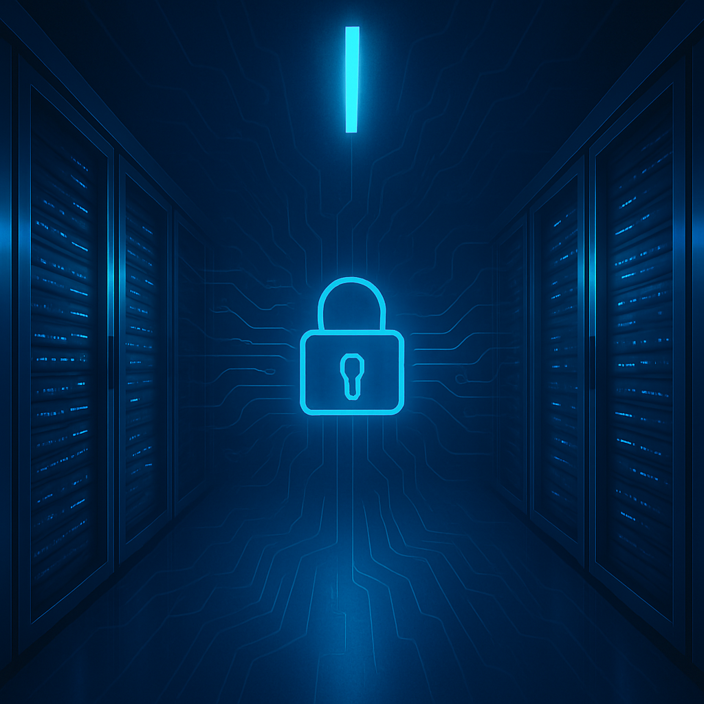 A glowing blue data-centre corridor with rows of illuminated server racks and a bright vanishing point, symbolising secure, always-on ICT operations and systems administration for Defence and government clients.