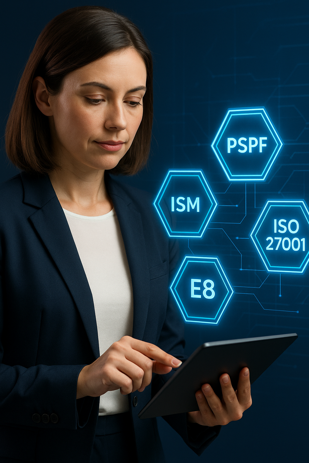A professional compliance consultant in a navy blazer uses a digital tablet while holographic icons for PSPF, ISM, ISO 27001, and E8 appear beside her, representing Calexi’s structured Governance, Risk and Compliance services for Defence, government, and critical infrastructure.