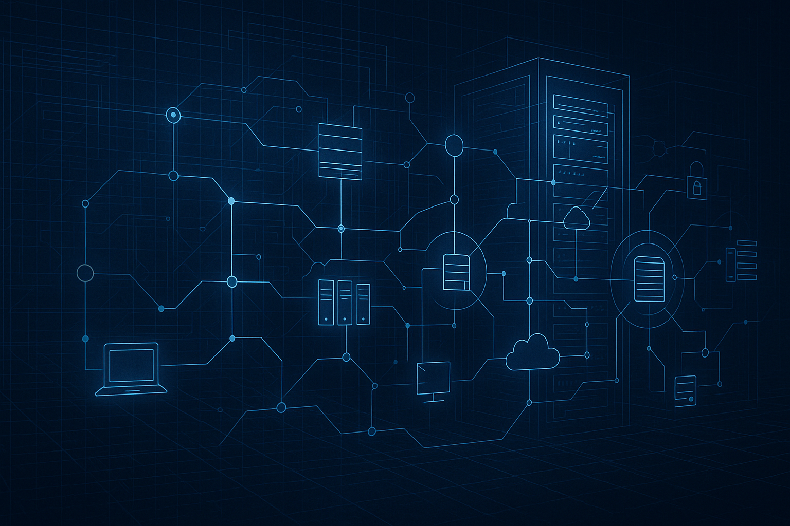 Abstract digital blueprint depicting interconnected servers, networks, and cloud nodes on a dark navy grid representing Calexi’s precision-engineered, Defence-grade ICT systems integration and design assurance.