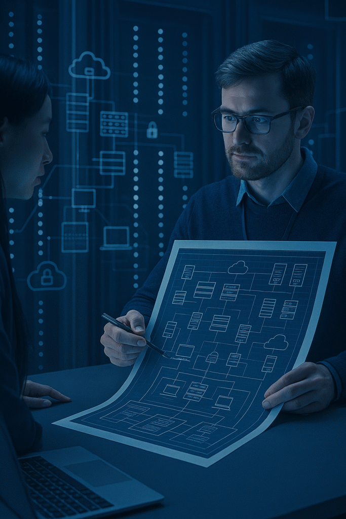 Consultant explaining common cyber security risks and simple protections to a small business.