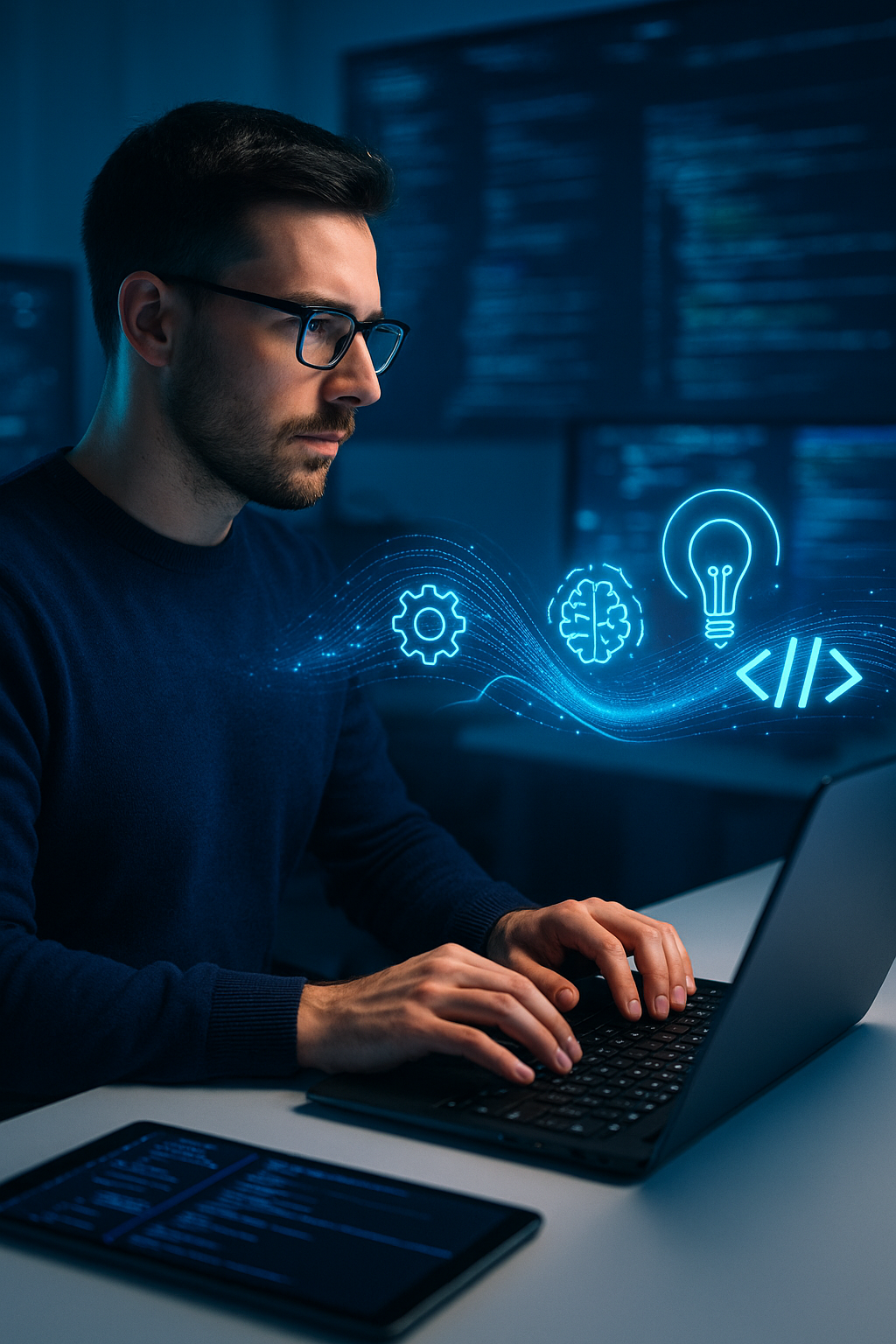 A focused engineer works on a laptop in a blue-lit development lab, surrounded by holographic icons representing engineering, AI, innovation, and coding, symbolising Calexi’s secure, Defence-aligned technology innovation and development services.