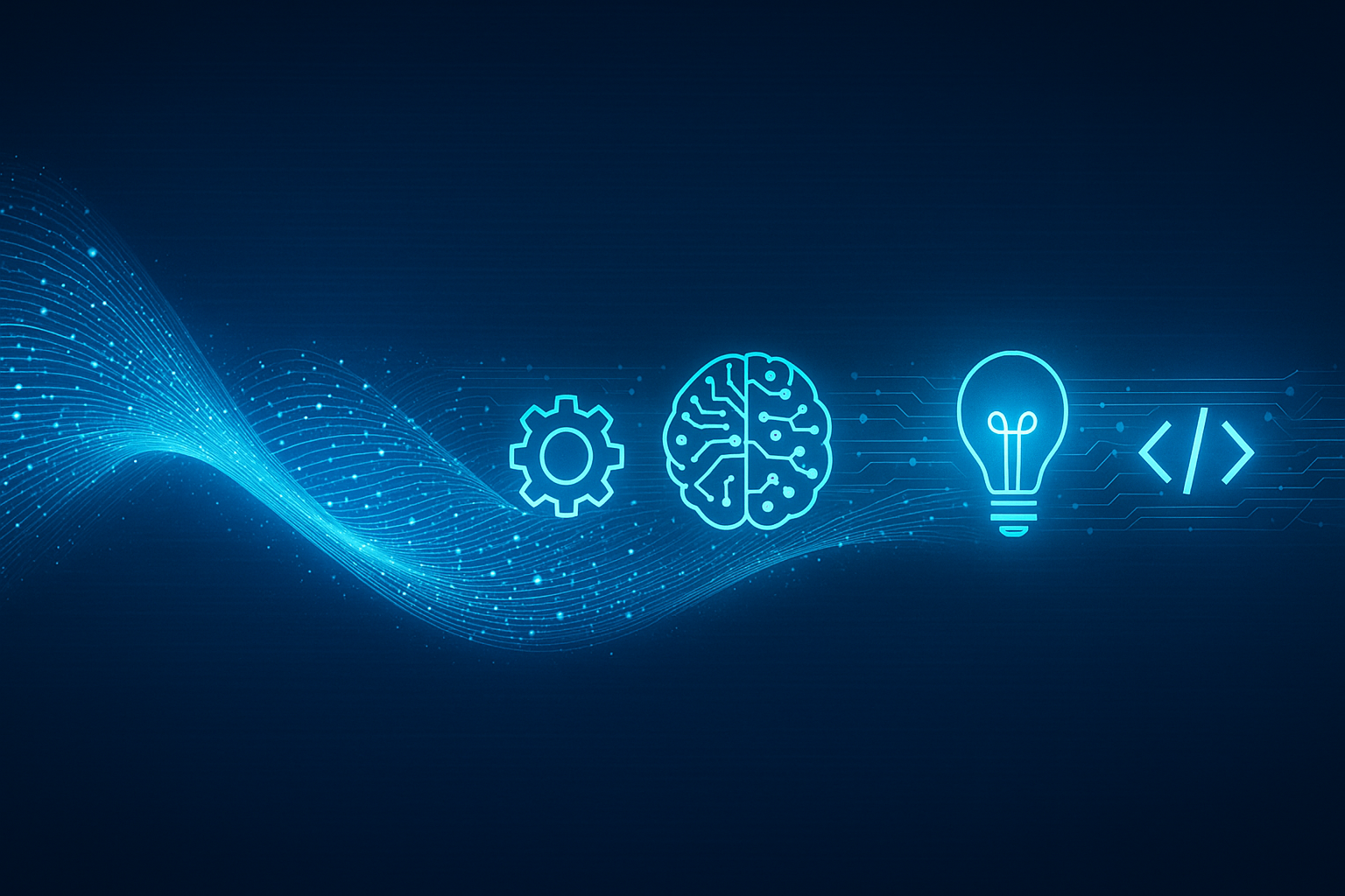 A glowing blue digital wave made of interconnected nodes flows across a dark background, transforming into icons for engineering, AI, innovation, and coding, symbolising Calexi’s secure technology development and innovation services for Defence and government.