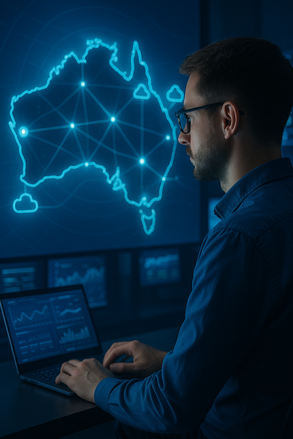 A focused network engineer works on a laptop in a modern operations centre, analysing a digital map of Australia with glowing nodes and data lines, symbolising secure, high-assurance networking for Defence and government environments.