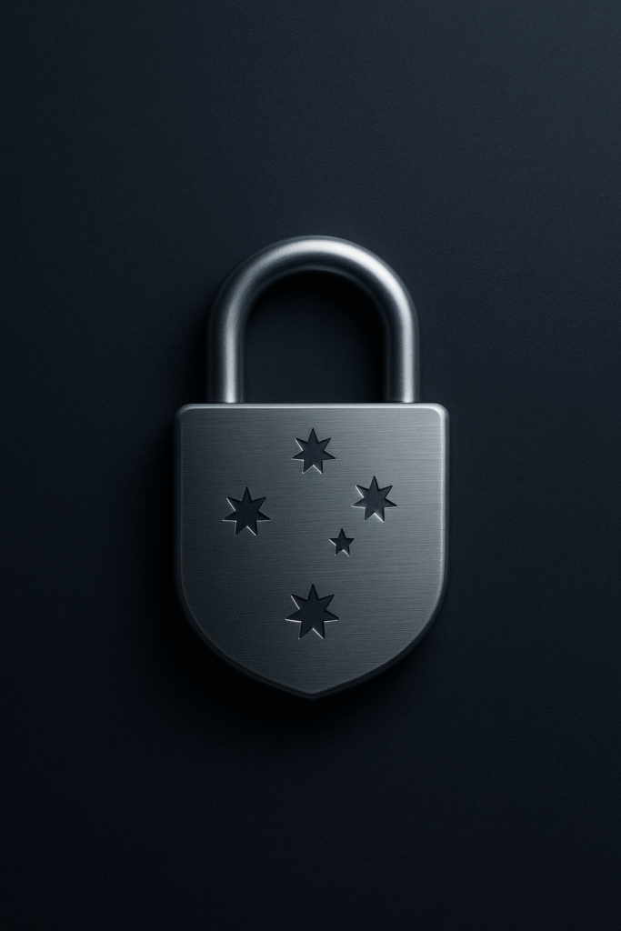 Chrome padlock embossed with the Southern Cross constellation on a dark navy background, symbolising Australian sovereign security and Defence Industry assurance.