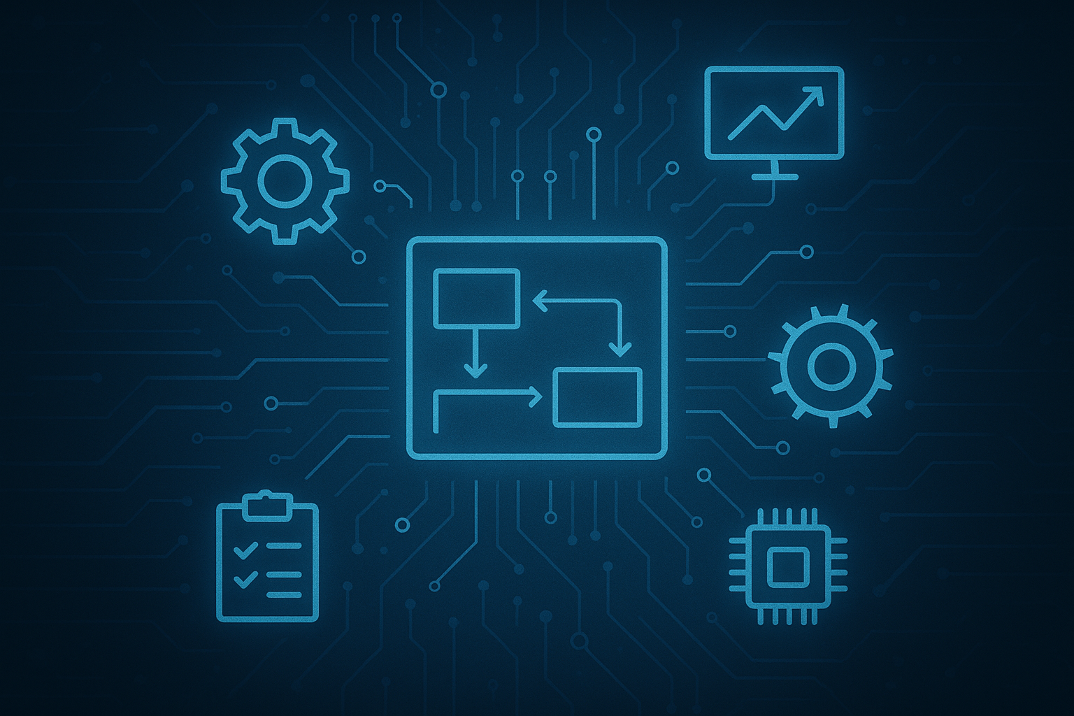 A glowing blue digital blueprint showing interconnected diagrams, circuit lines, and engineering icons such as gears, processors, and flowcharts, representing Calexi’s Model-Based Systems Engineering and secure systems integration for Defence and government.