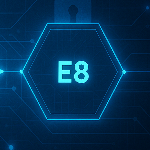 Australian ACSC Essential Eight cyber security framework shown as a hexagon, representing Essential Eight controls for small business and SMEs