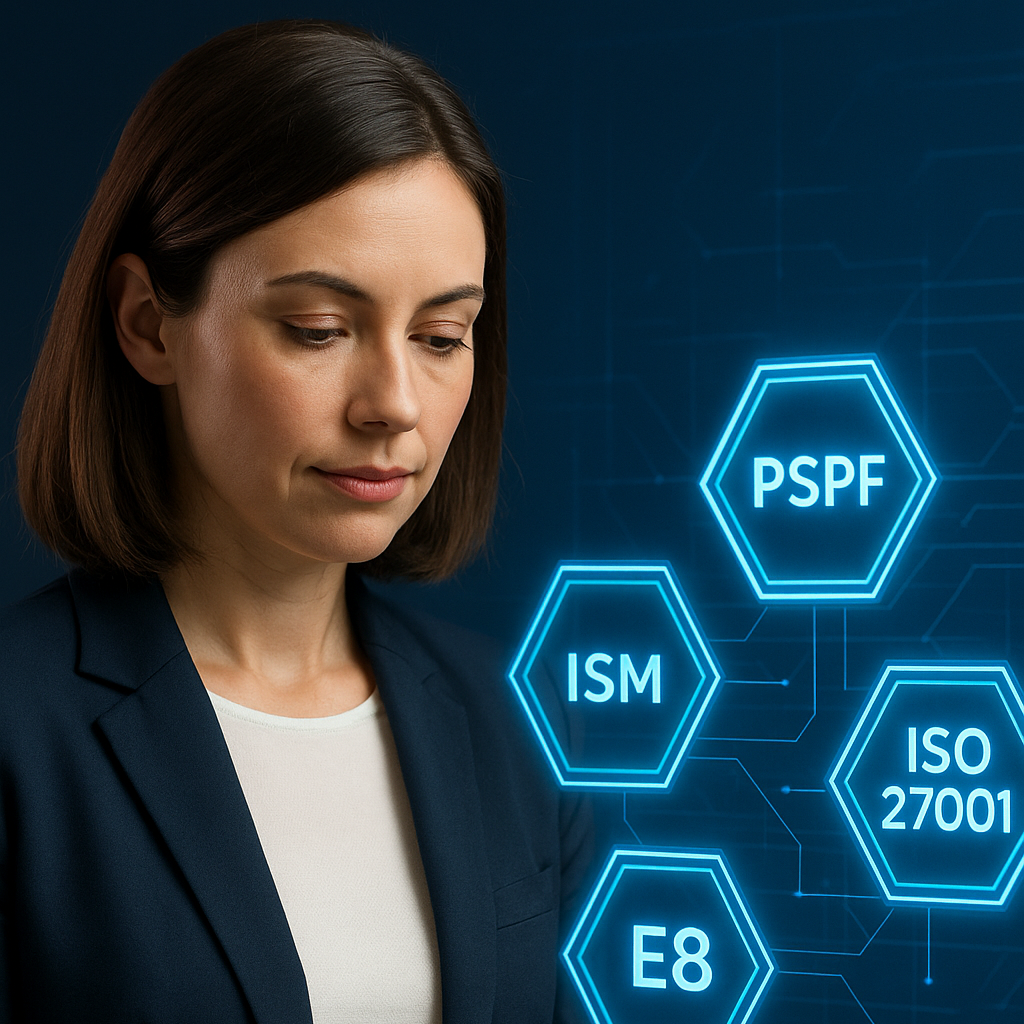 A professional compliance consultant in a navy blazer uses a digital tablet while holographic icons for PSPF, ISM, ISO 27001, and E8 appear beside her, representing Calexi’s structured Governance, Risk and Compliance services for Defence, government, and critical infrastructure.