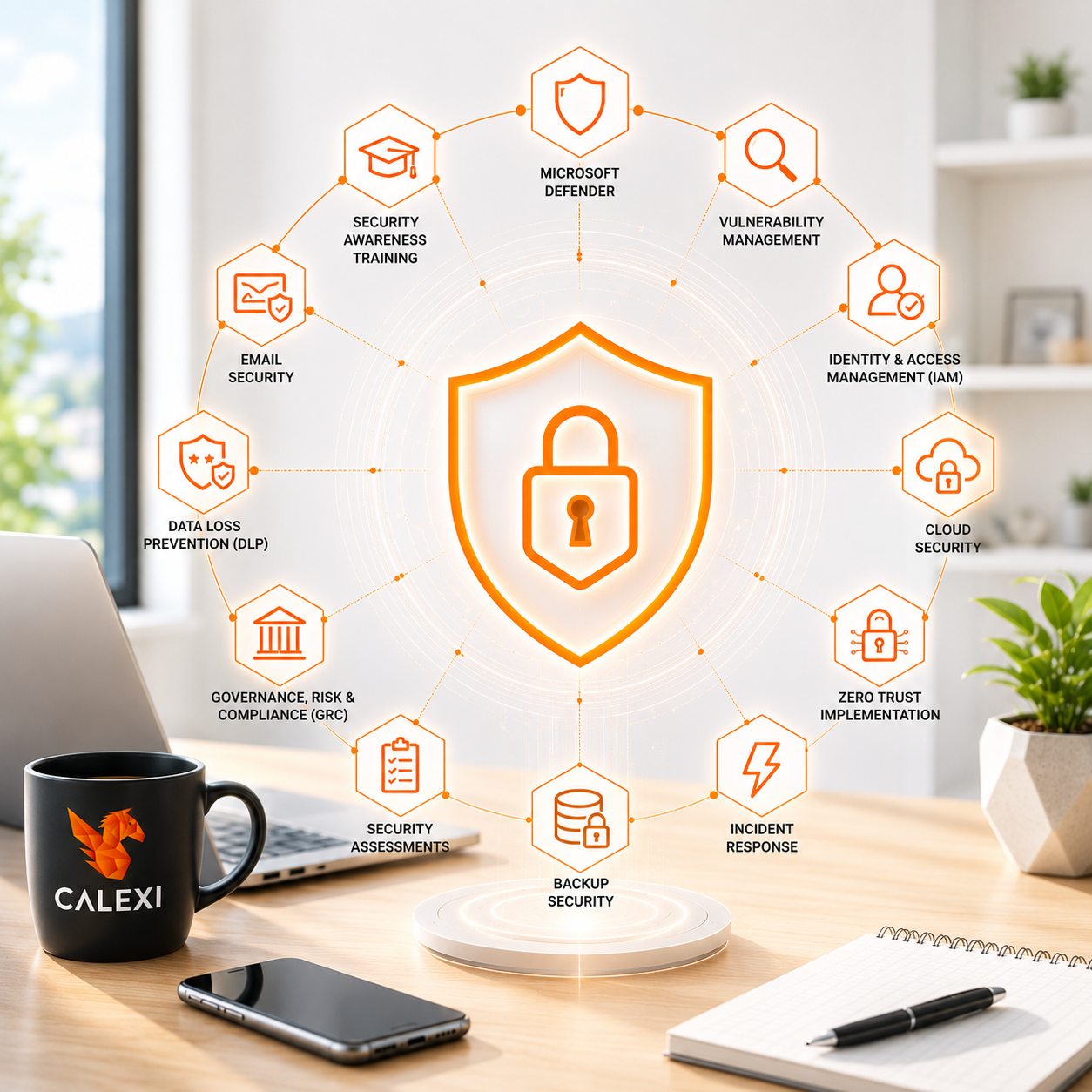 Managed cyber security services dashboard showing Microsoft Defender, SIEM, identity and access management, cloud security, vulnerability management, incident response and Zero Trust security.