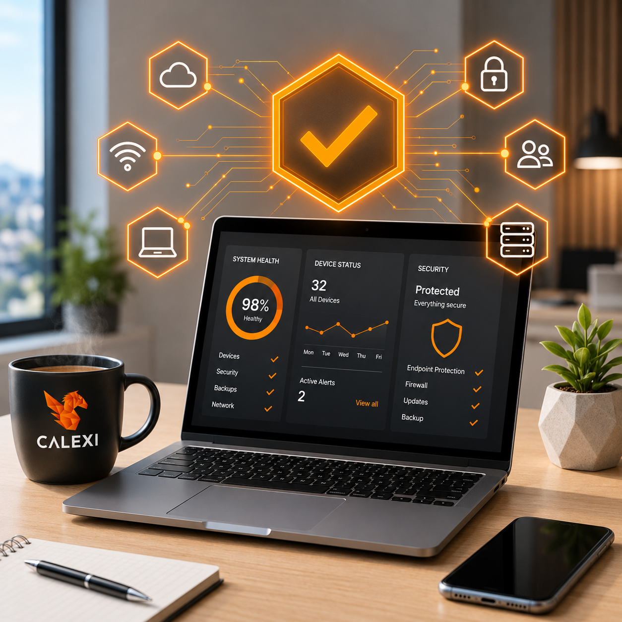 Managed IT services dashboard showing Microsoft 365 management, endpoint management, cloud services, networking, backup and business IT support.