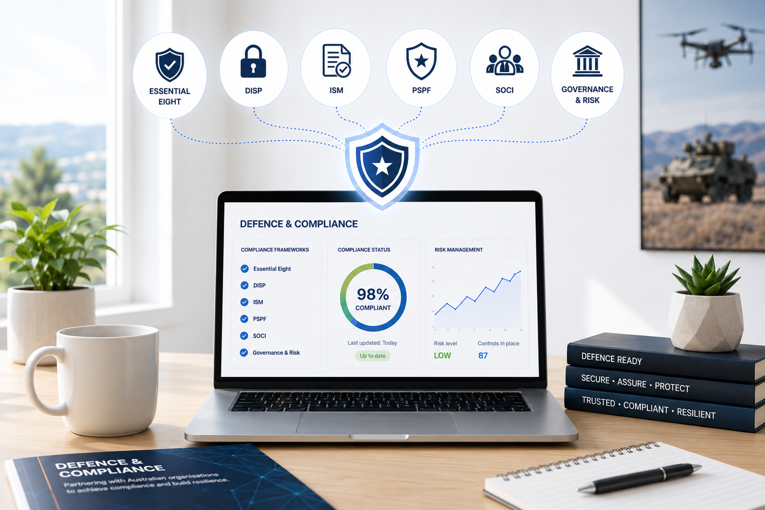Cyber security and Defence compliance dashboard supporting Essential Eight, DISP membership, ISM, PSPF, SOCI and governance risk management.