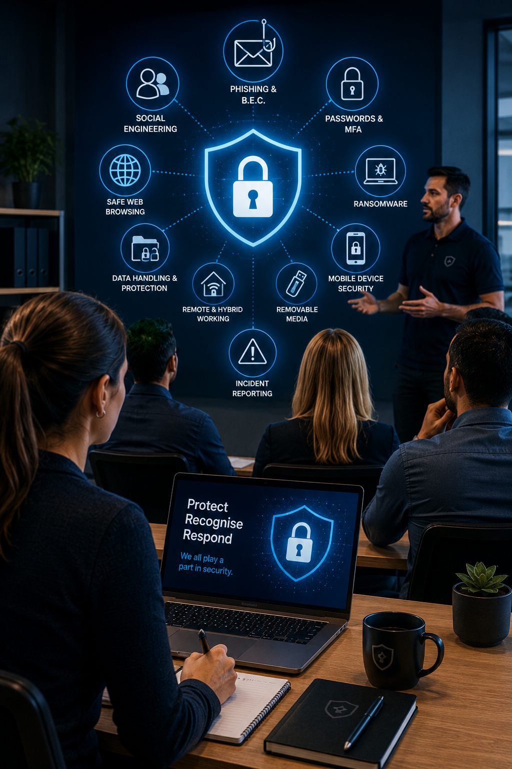 Employees participating in annual cyber security awareness training covering phishing, ransomware, password security and incident reporting in a modern corporate training environment.
