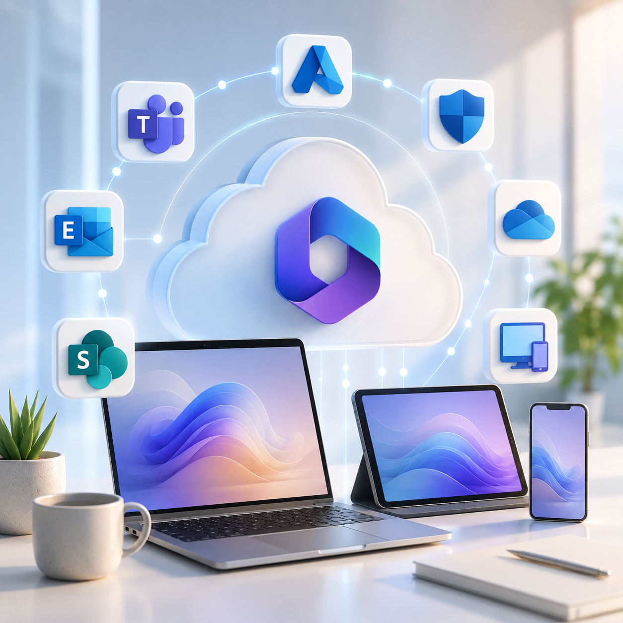 Microsoft 365 cloud platform with Microsoft Copilot, Entra ID, Intune, Exchange Online, Teams, SharePoint, OneDrive and Microsoft Defender for secure business productivity.