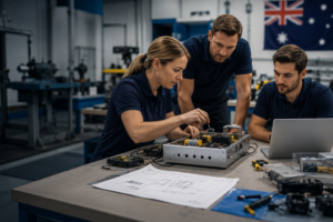 Engineers working on advanced electronics in an Australian sovereign defence manufacturing facility.